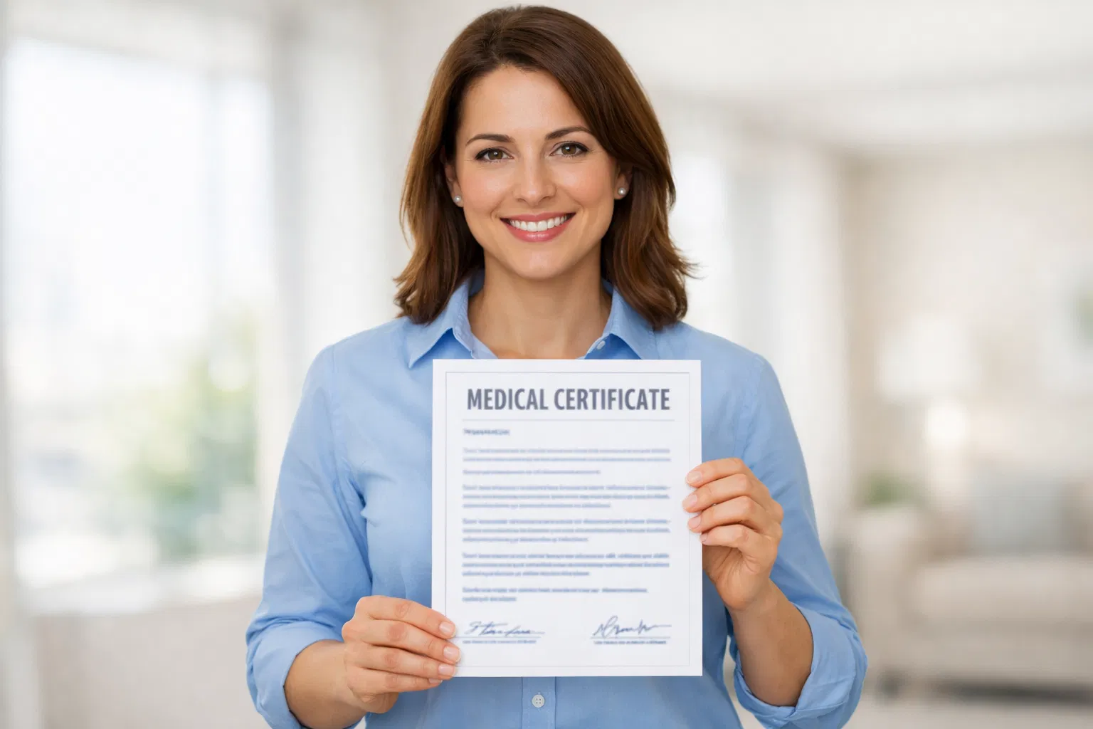 Woman smiling after receiving her online medical certificate from DoctorCert UK